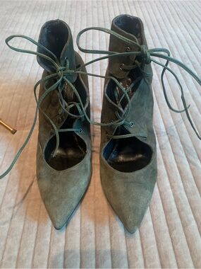 Lace-Up Pointed-Toe Heels in Olive Green Suede